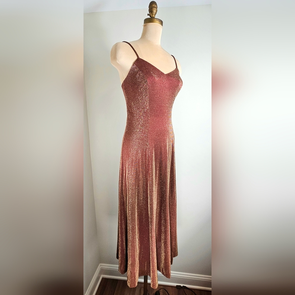 Moda International Copper Metallic Midi Dress Size 4 90s Slip Dress - Picture 3 of 12